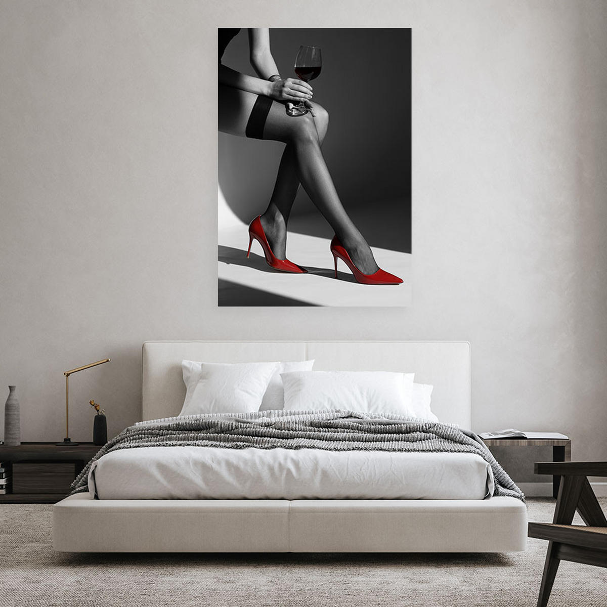 LEINWANDBILD Elegante Frau mit Weinglas in High Heels 40x60cm - Schwarz, Textil (40/60cm) - Feeby