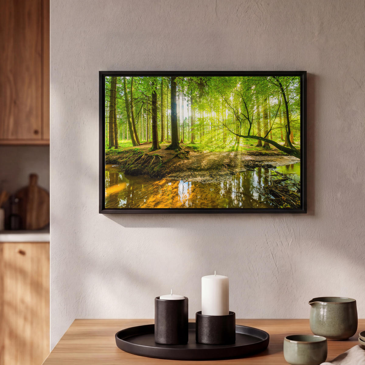 LEINWAND Bilder mit Rahmen - Wald - Landschaft - Wasser - Bäume - Sonne - Grün - Natur - 30x20 - Grün, Textil (30/20cm) - MuchoWow
