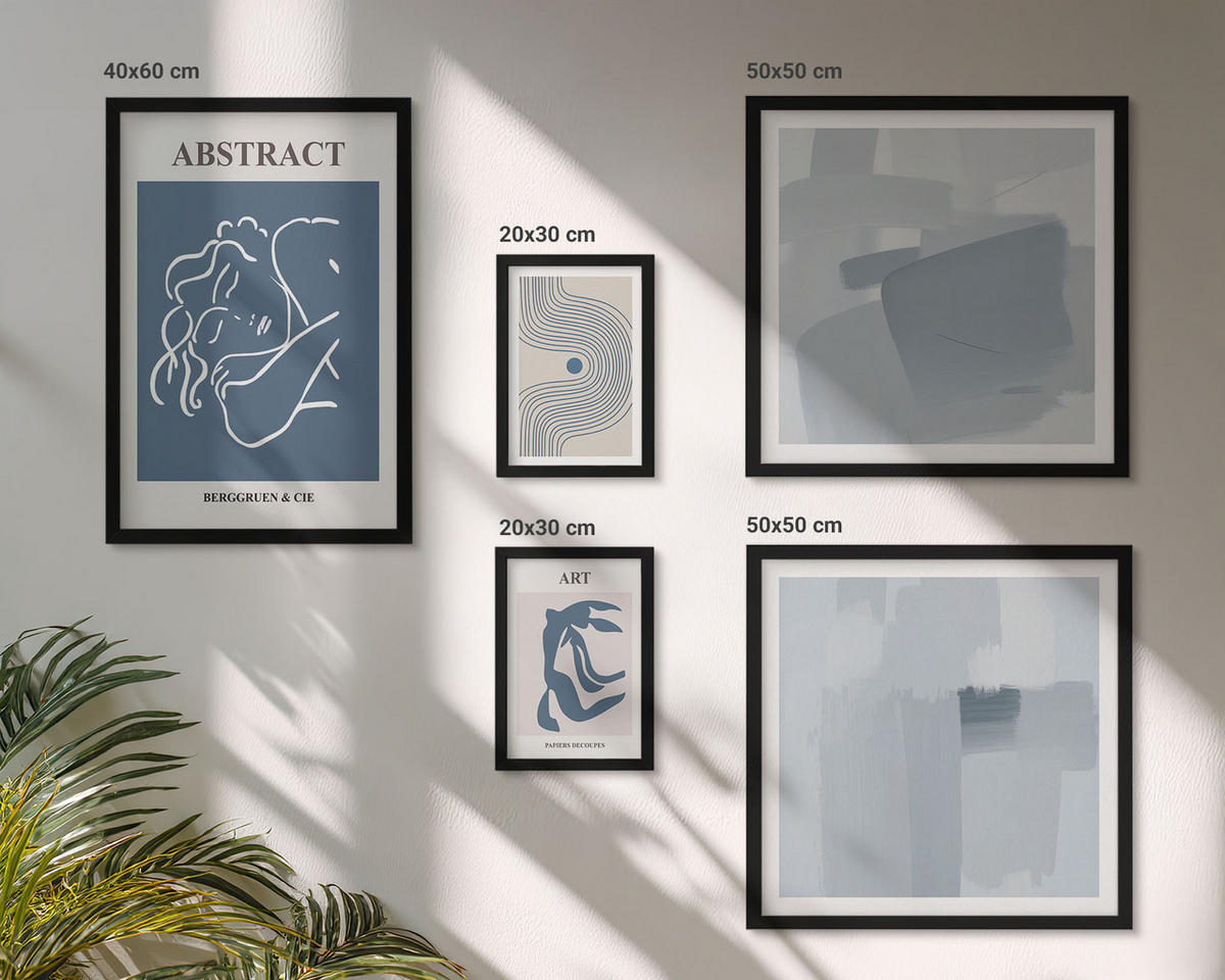 WANDBILDER 5er-Set - 50x50 cm & 20x30 cm & 40x60 cm Schwarzer Rahmen - Poster mit abstrakten Linien und Wellen - Schwarz, Kunststoff (40/60cm) - ArtPrintCave