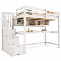 KINDERHOCHBETT aus Massivholz 90x200 cm Weiß mit Stauraumtreppe, Schreibtisch und Regalen - Weiß, Holz (90/200cm) - Modfu