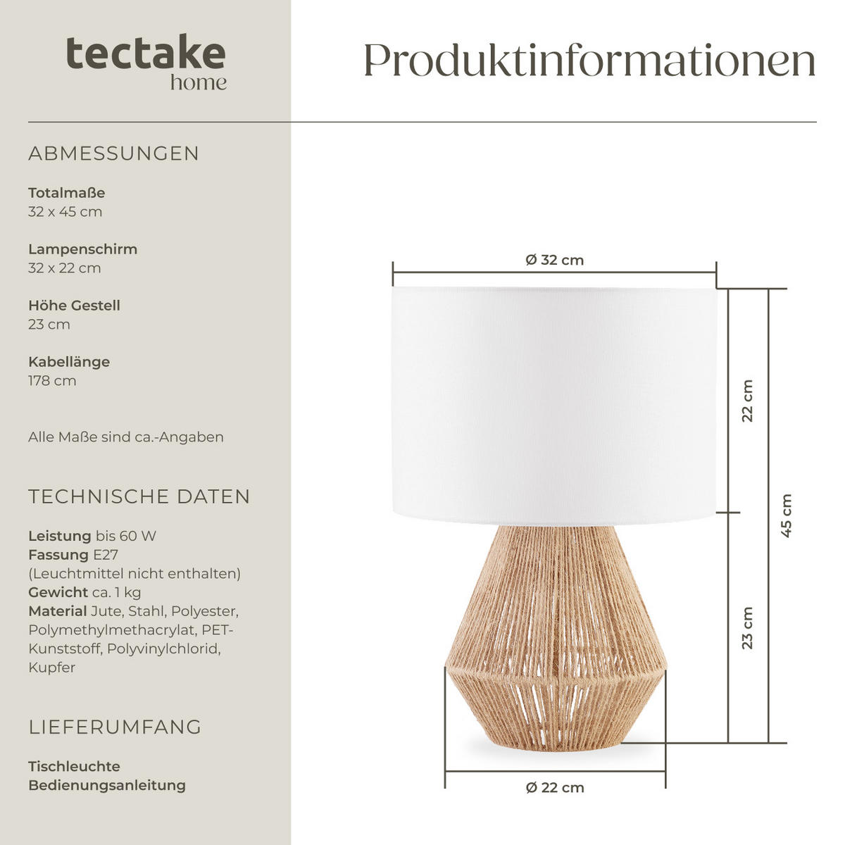 TISCHLEUCHTE Lignea Lux,32 x 45 cm,natur - Naturfarben, Metall (32/32/45cm) - tectake