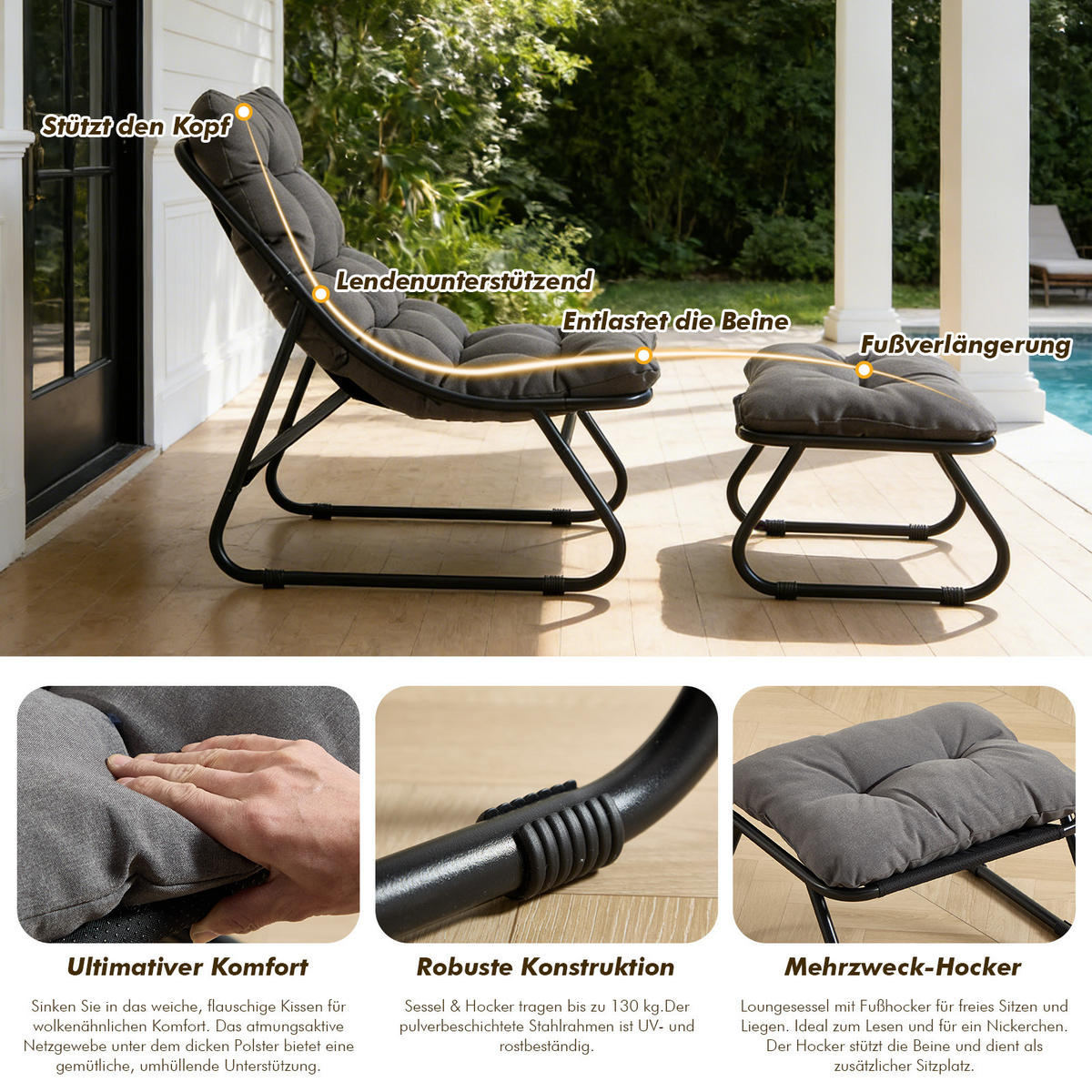 SESSELSET, Relaxsessel mit Hocker,Stahlrahmen,Polyester,Grau - Hellgrau, Kunststoff (78/86/65cm) - LVHOM