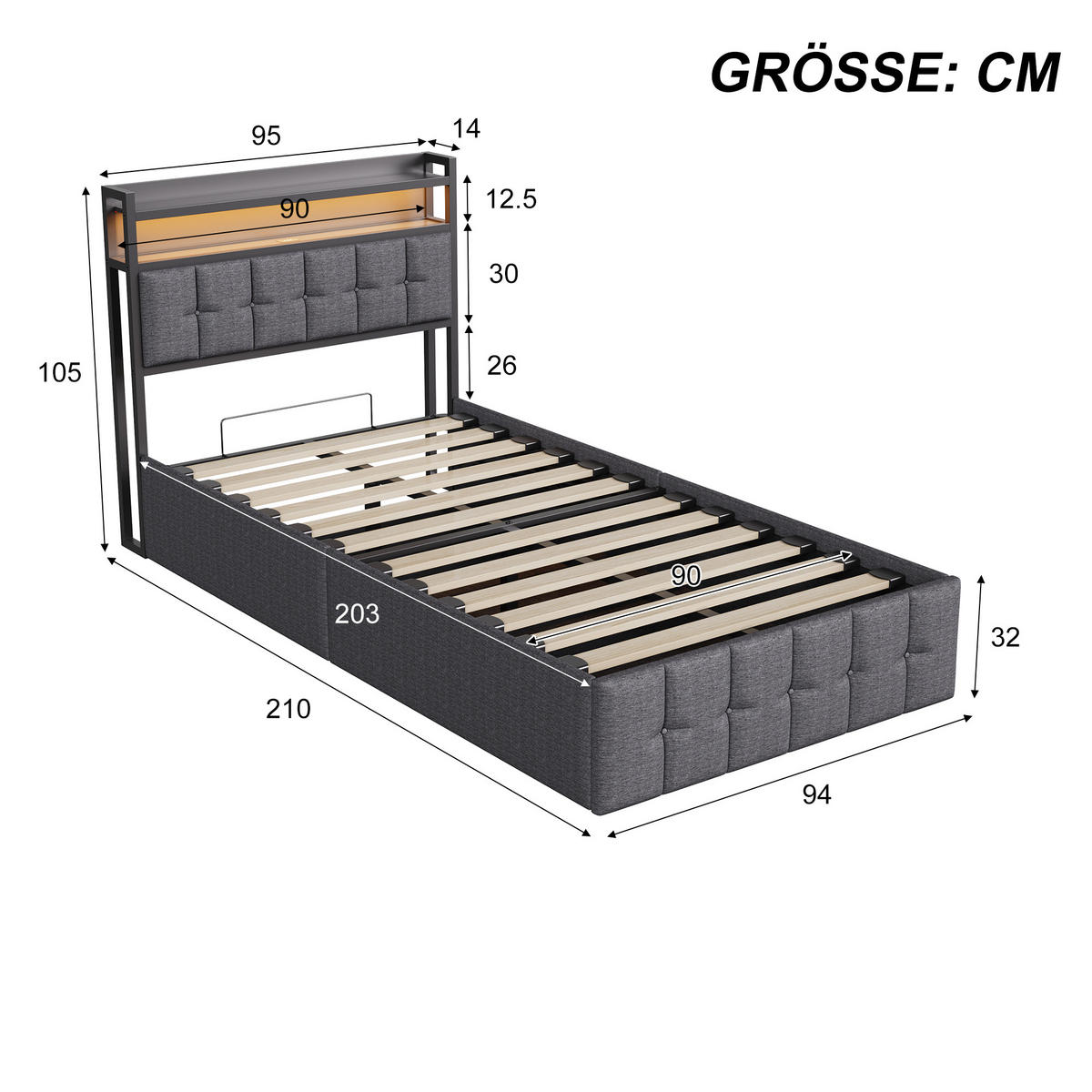BETT mit Bettkasten 90x200 cm mit LED und USB, Polsterbett 90x200, Einzelbett 90x200 mit Stauraum, Lattenrost, Kopfteil, Grau Leinenstoff - Grau, Textil/Metall (90/200cm) - GENKI LIVING