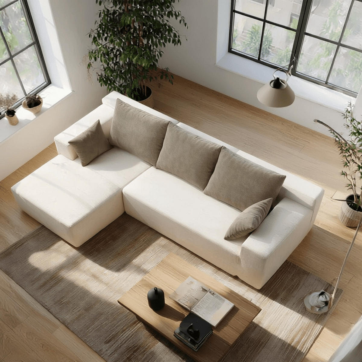 ECKSOFA Luna Weiß Sand 3-Sitzer Links - Weiß/Braun, Textil (267/175cm) - COCO Living