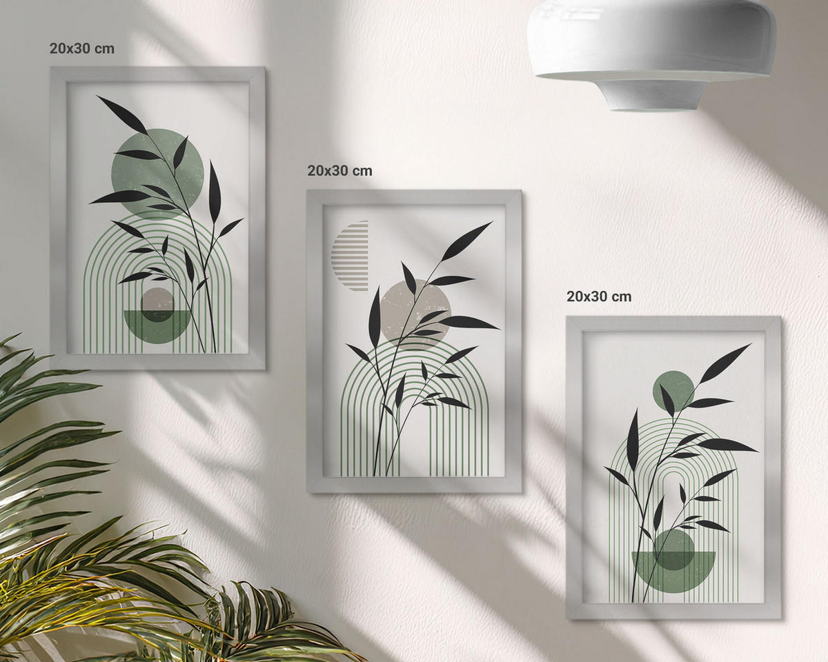WANDBILDER 3er Set - 20x30 cm Silberner Rahmen - Boho-Pflanzenkompositionen - Silberfarben, Kunststoff (20/30cm) - ArtPrintCave