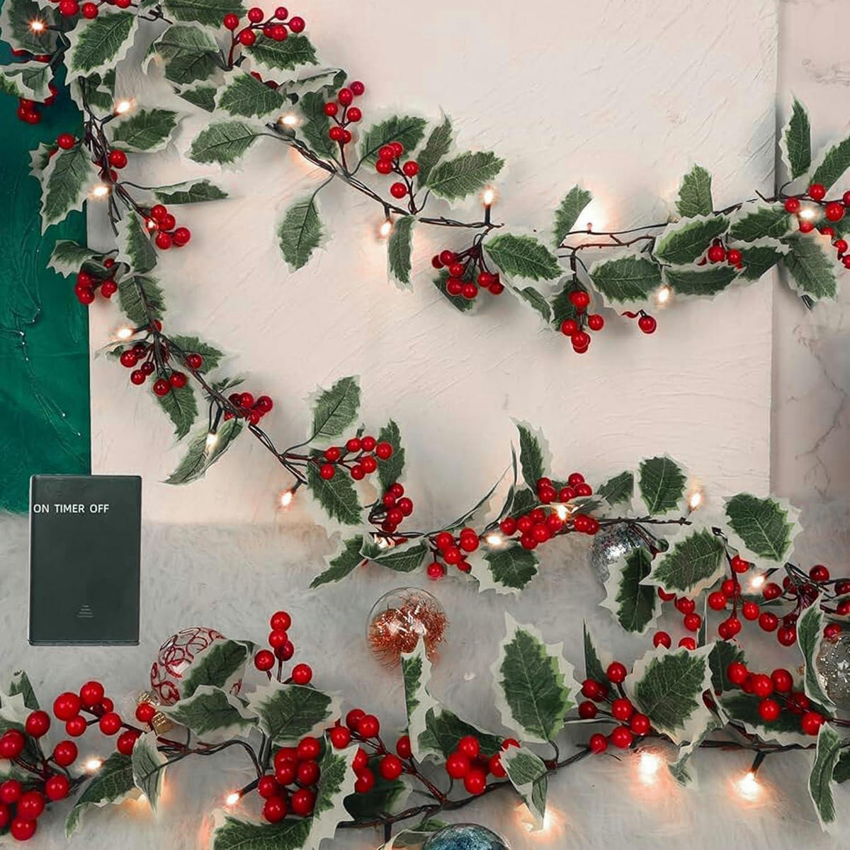 WEIHNACHTS-GIRLANDE 2-teiliges Set 2 Meter mit roten Beeren und Stechpalmenblättern - Multicolor, Kunststoff (200cm)
