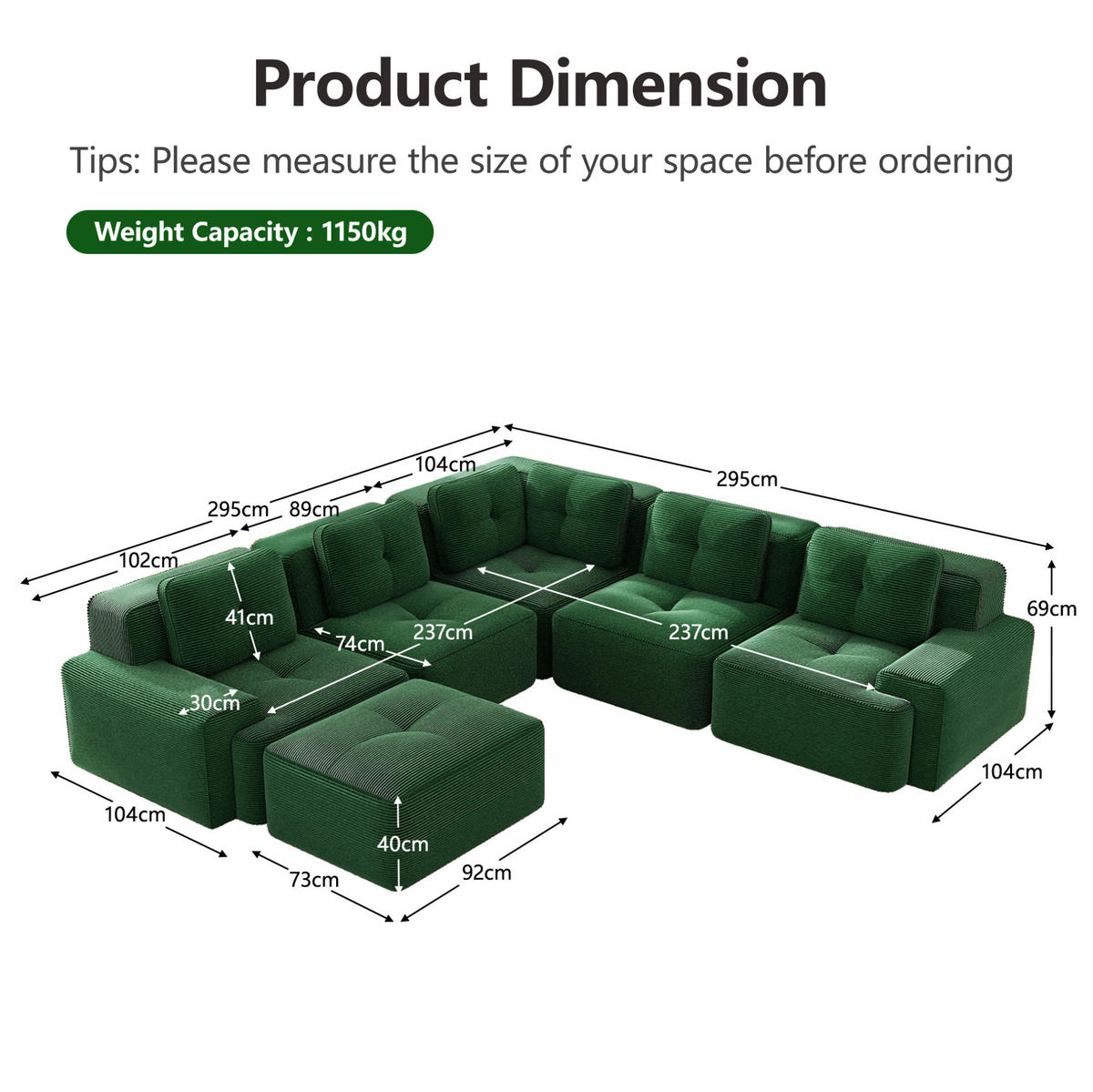 SOFA modulares Ecksofa Cordstoff Grün - Grün, Kunststoff (295/295cm) - Meubliv