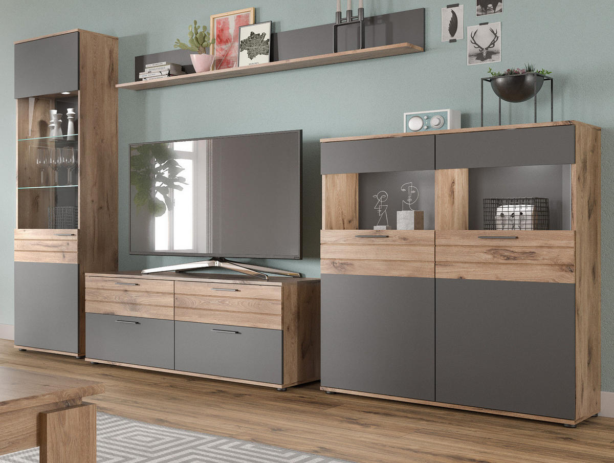 WOHNWAND Eiche, grau 4-teilig 327 cm, Schrankwand mit Soft-Close, Wohn- und Esszimmermöbel - Eichefarben/Schwarz, Glas/Holzwerkstoff (327/200/44cm) - Inn.Furn