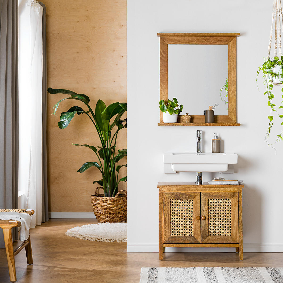 WASCHBECKENUNTERSCHRANK - Mango massiv / Wiener Geflecht - Braun, Holz/Naturmaterialen (70/60/40cm) - home24