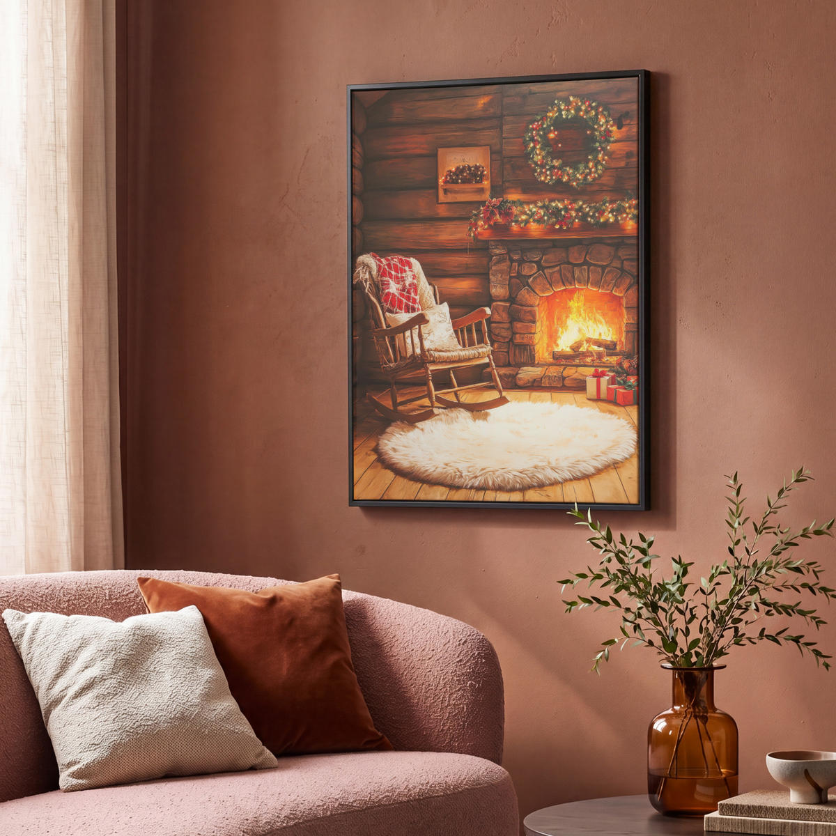 LEINWAND Bilder mit Rahmen - Winter - Weihnachten - Zuhause - Kamin - 70x100 - Bernsteinfarben, Textil (70/100cm) - MuchoWow