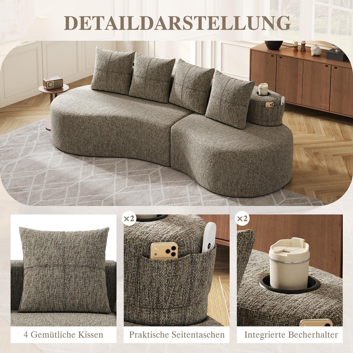 3-SITZER SOFA leinenstoff farbwahl mit getränkehalter & seitentaschen - Sandfarben, Textil (240/63/109cm) - Urban Meuble