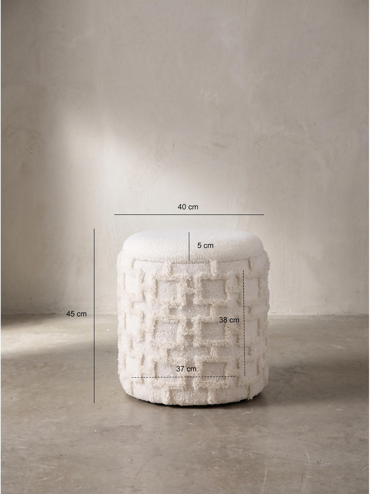 SITZHOCKER RHONE, Stoff, mit Textilbezug, mit Stauraum, Creme, Ø 40 x 45 cm - Beige/Creme, Textil (40/45/40cm) - KADIMA DESIGN