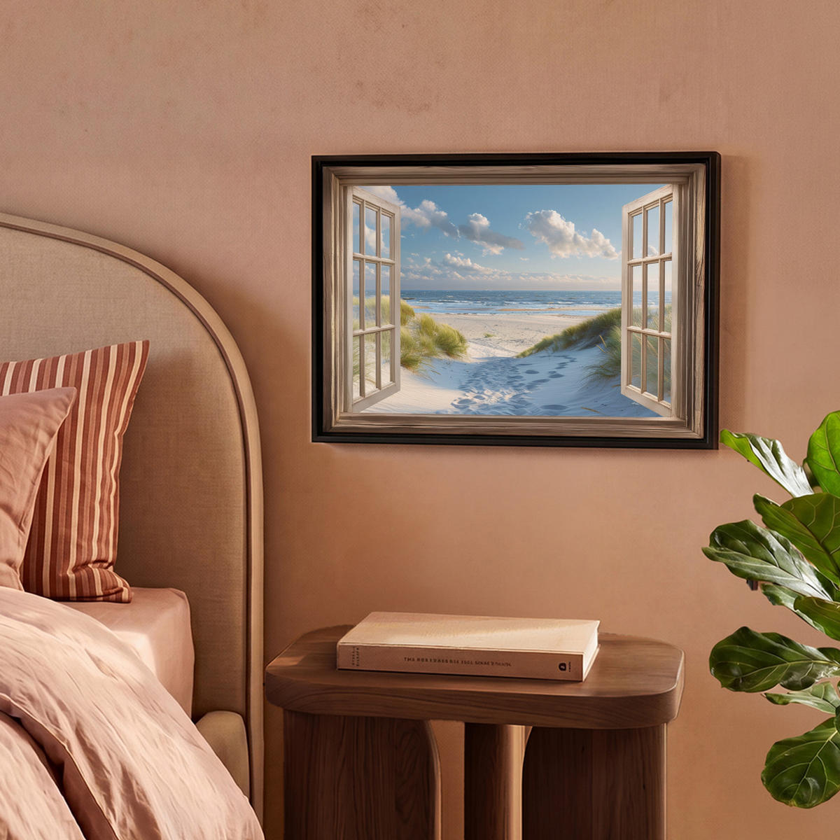 LEINWAND Bilder mit Rahmen - Aussicht - Strand - Fenster - Dünen - Meer - 40x30 - Hellblau, Textil (40/30cm) - MuchoWow