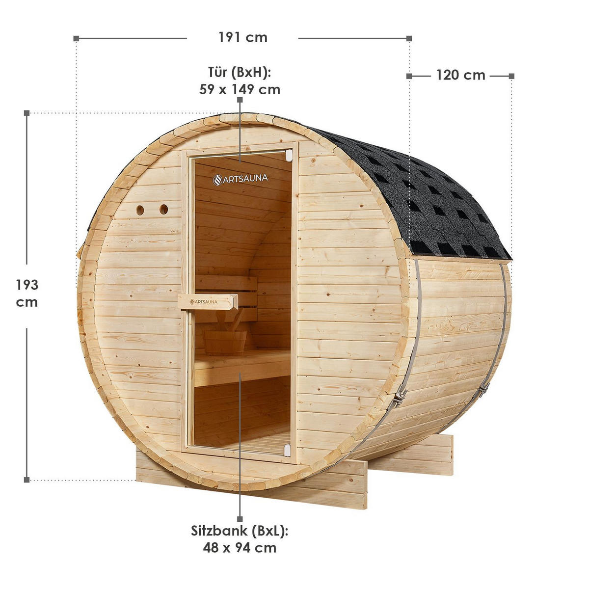 FASSSAUNA Spitzbergen 120 cm mit 3,6 kW Saunaofen (2 Personen) - Naturfarben, Holz (191/193/120cm) - Artsauna