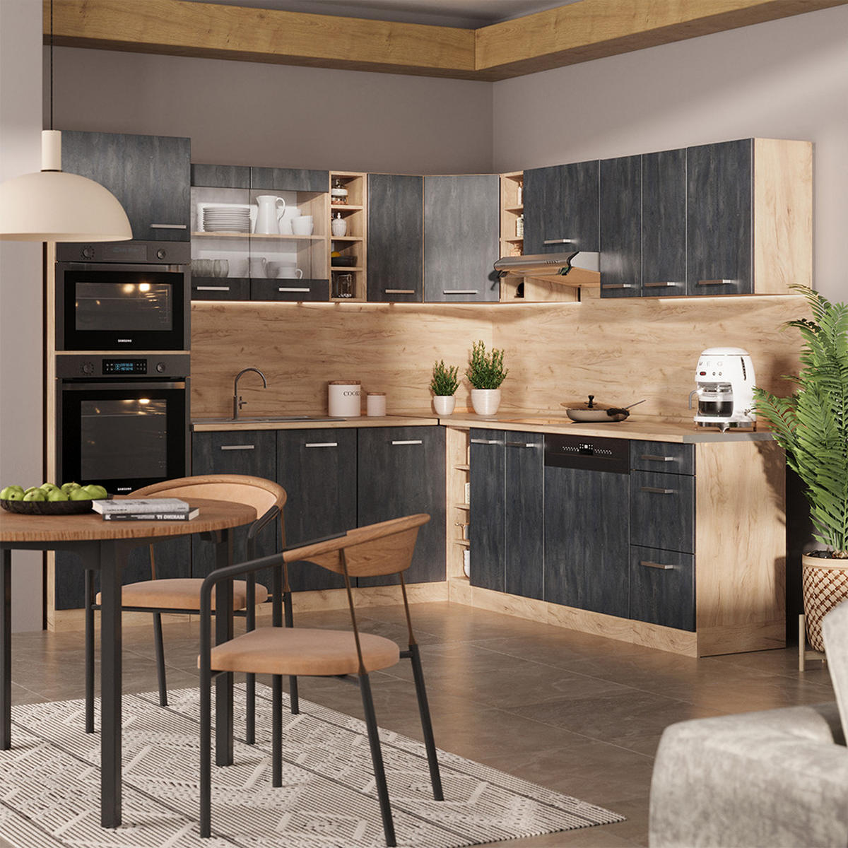 ECKKÜCHE R-Line Schwarz Beton/Goldkraft Eiche 237 x 247 cm AP Anthrazit - Eiche Wotan/Schwarz, Holzwerkstoff (247/81.6/60cm) - Vicco