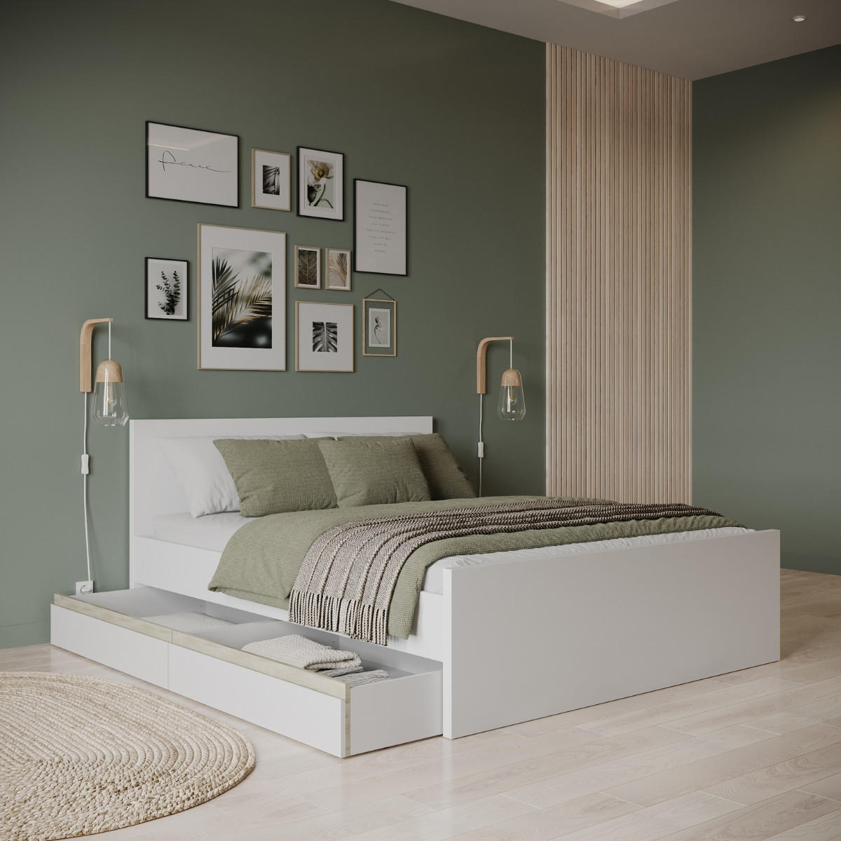 BETTENGARNITUR Clyde 140x200 cm mit 2 Schubladen 145/207,4/90 cm - Eschefarben, Holzwerkstoff (200/140cm) - Calicosy