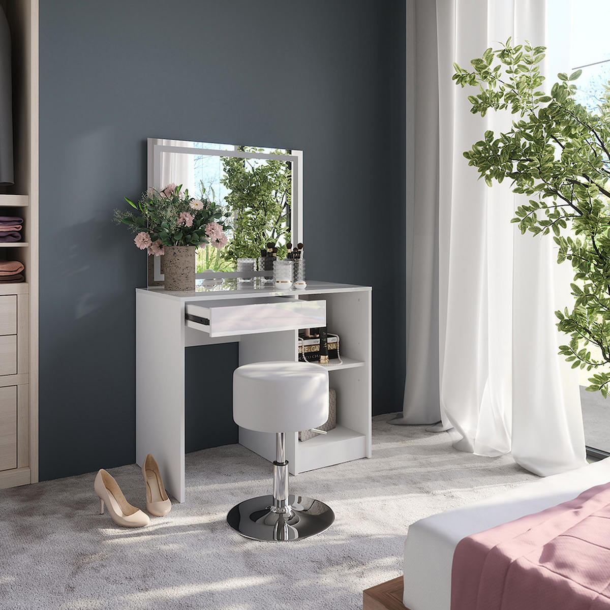 SCHMINKTISCH Sherry Weiß/Weiß Hochglanz 89.8 cm mit LED-Spiegel und Hocker - Weiß Hochglanz, Holzwerkstoff (89.8/76/50.1cm) - Vicco