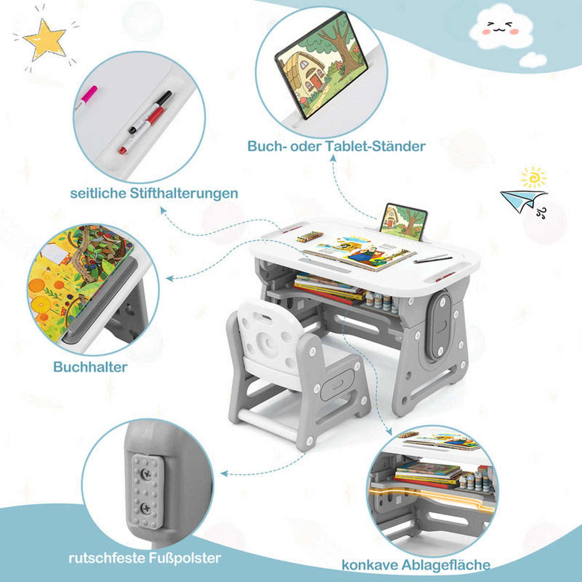 KINDERTISCH-STUHL-SET mit Höhenverstellung grau(2-tlg) - Grau, Kunststoff (80/49/50cm) - COSTWAY