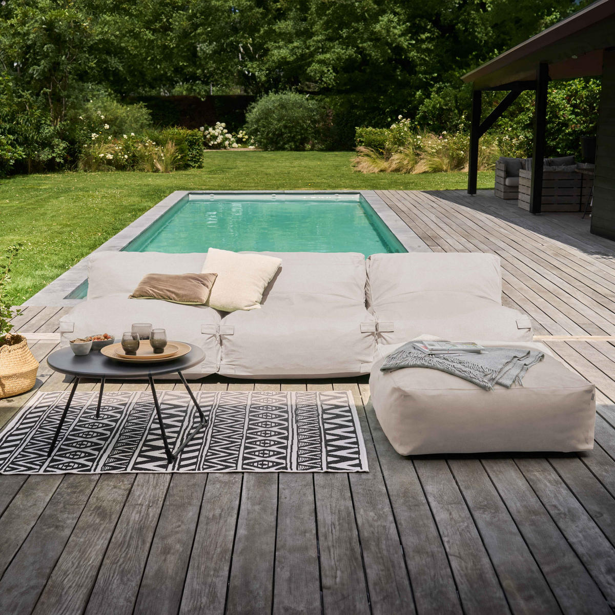 GARTENSOFA mit 4 Sitzplätzen, Sandfarbe - Beige, Textil (85/65/340cm) - Oviala