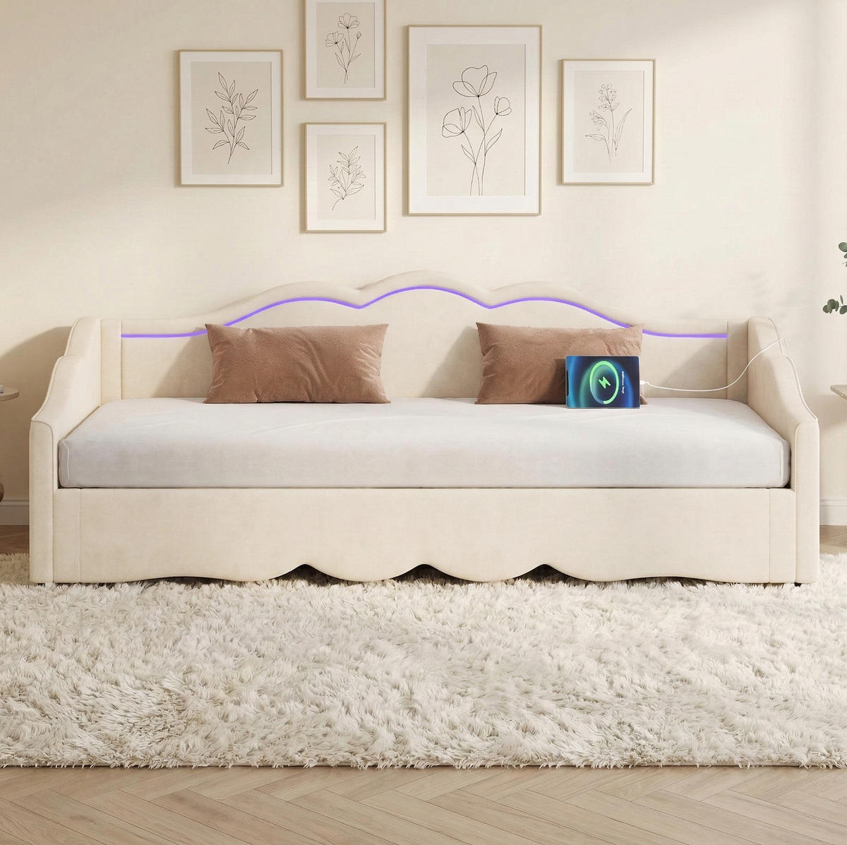 POLSTERBETT 90/200 cm Beige aus Samt mit USB- und TYPE-C-Anschluss - Beige, Textil (90/200cm) - OKMYHOME