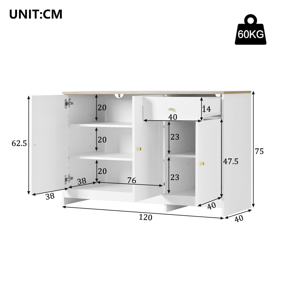 KOMODA MDF v bílé a přírodní barvě, 3 dvířka, 1 zásuvka a nastavitelné police - bílá, kompozitní dřevo (120/75/40cm) - Urban Meuble