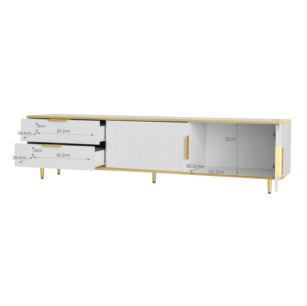 LOWBOARD 170/37/45 cm aus Holzwerkstoff mit geschnitzter Front Weiß/Gold - Weiß, Holzwerkstoff (175/45/40cm) - Modenvie