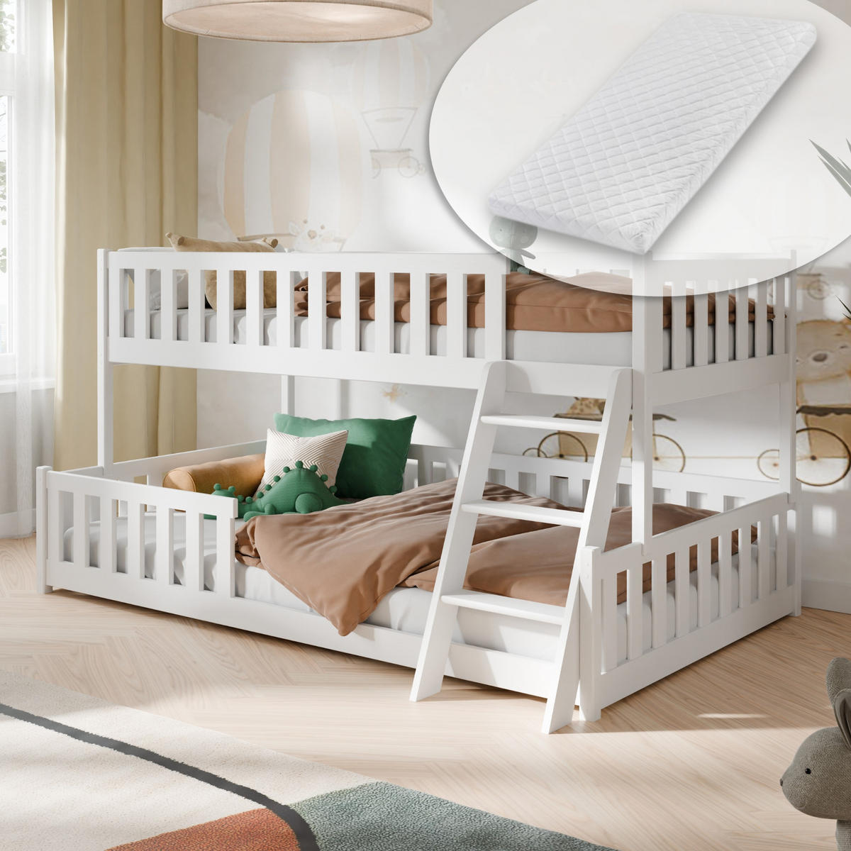 ETAGENBETT mit zwei Matratzen & Leiter 90x200 in Weiß - Weiß, Holz (120/200cm) - Kids Collective