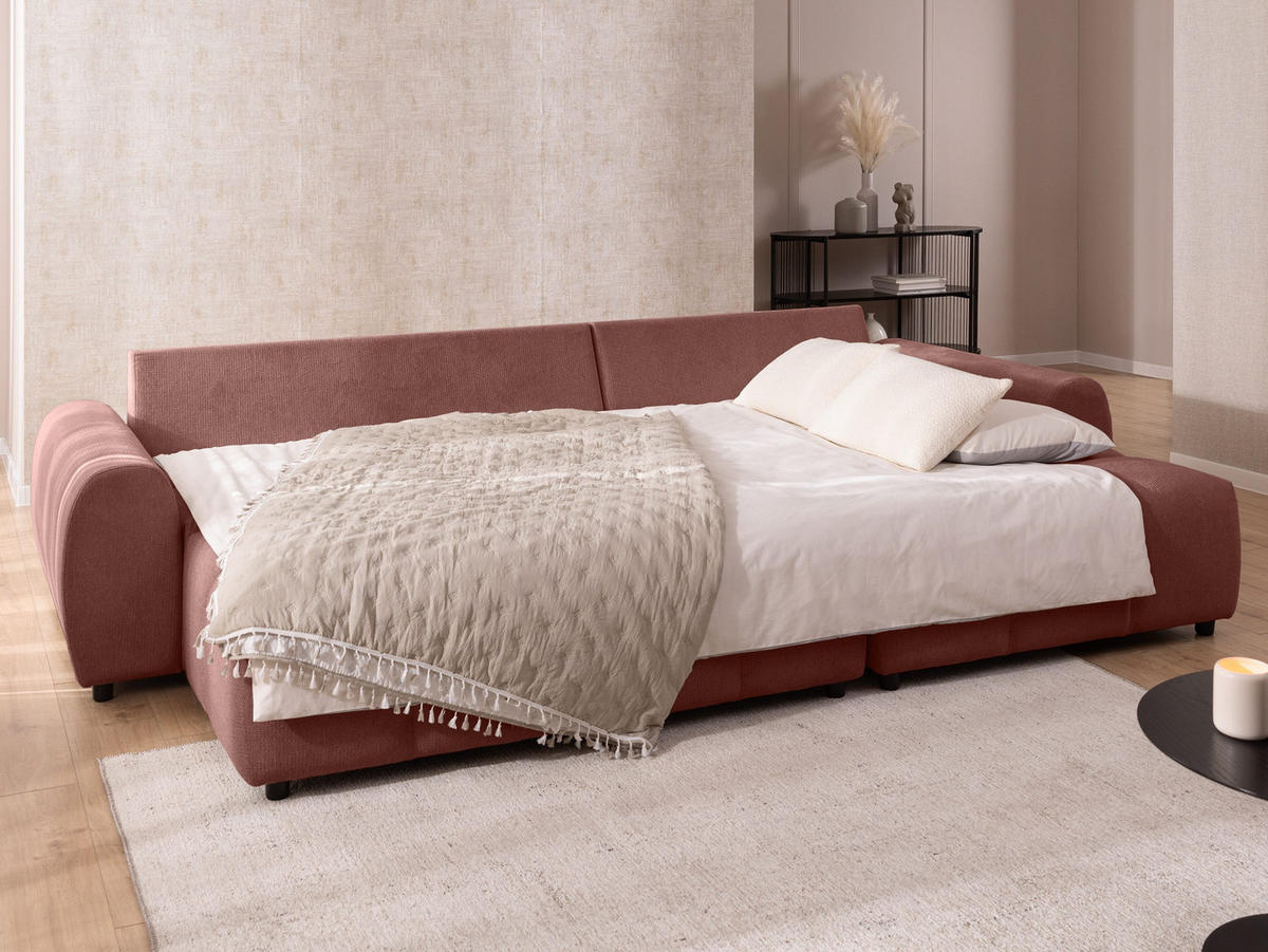 ECKSOFA inkl. Hocker Bubble mit Schlaffunktion und losen Rückenkissen, Sitzfläche Bubble-Optik aus weichem Terrakotta Strukturstoff - Ottomane Rechts - Terracotta/Schwarz, Holz/Kunststoff (306/180cm) - S-Style Möbel