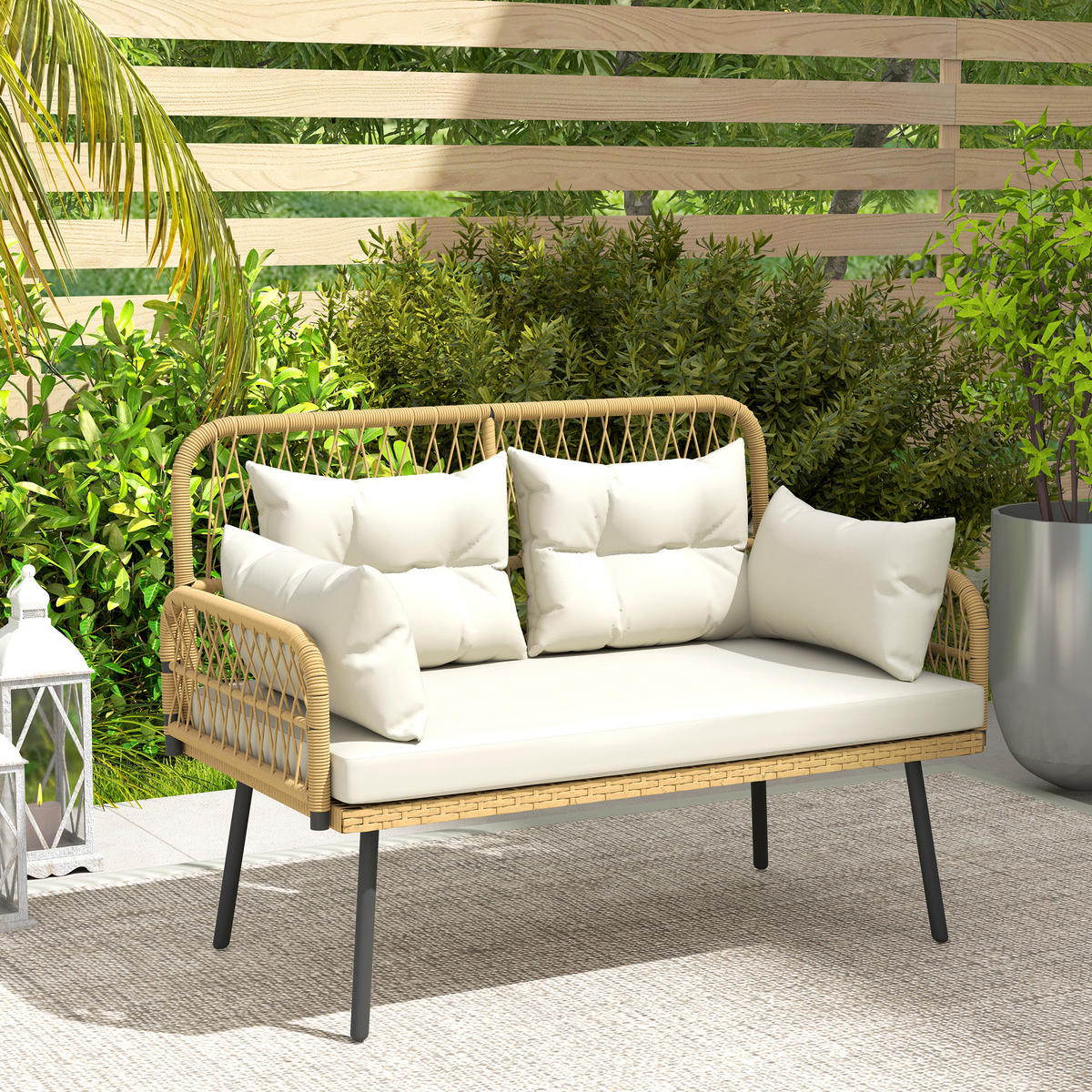 RATTANSOFA 2-Sitzer mit Auflagen Weiß 115/61/82 cm - Beige/Schwarz, Textil/Metall - Outsunny