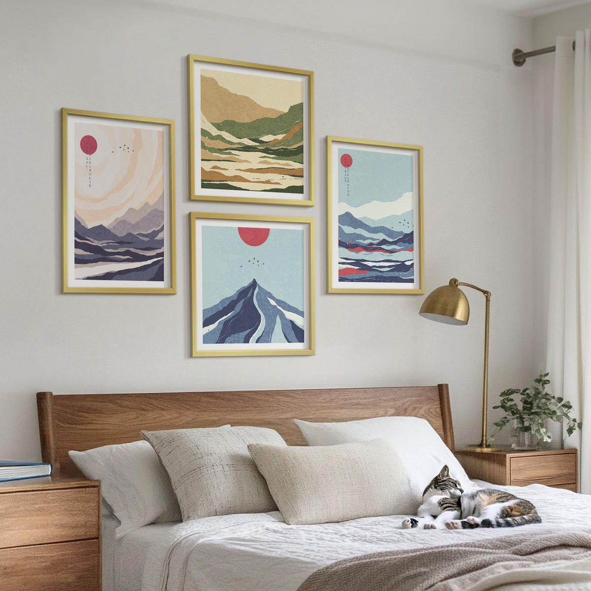 WANDBILDER 4er Set - 50x50 cm & 40x60 cm Goldrahmen - Abstrakte Berglandschaften - Goldfarben, Kunststoff (50/50cm) - ArtPrintCave