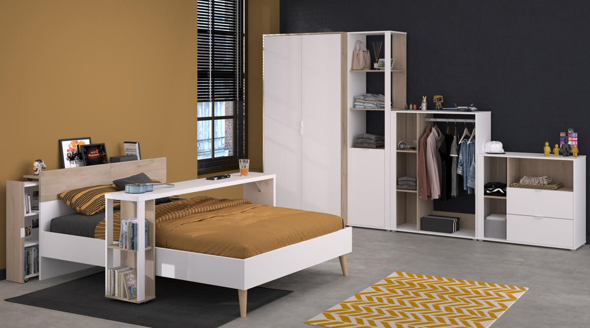 JUGENDZIMMER weiß, Eiche, Komplett-Set 7-teilig mit viel Stauraum - Eichefarben/Weiß, Holzwerkstoff/Kunststoff (145/205/206cm) - Parisot Meuble