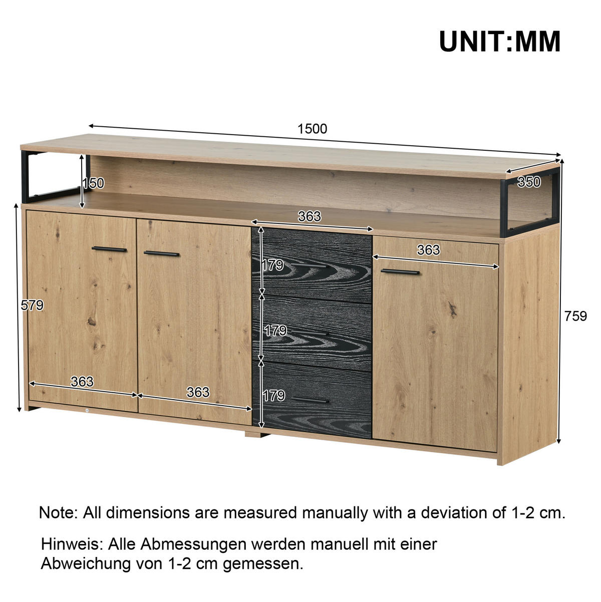 LOWBOARD 150/35/75.9 cm Schwarz/Braun aus Spanplatte mit 3 Türen und 3 Schubladen - Naturfarben, Holzwerkstoff (35/75.9/150cm) - OKMYHOME