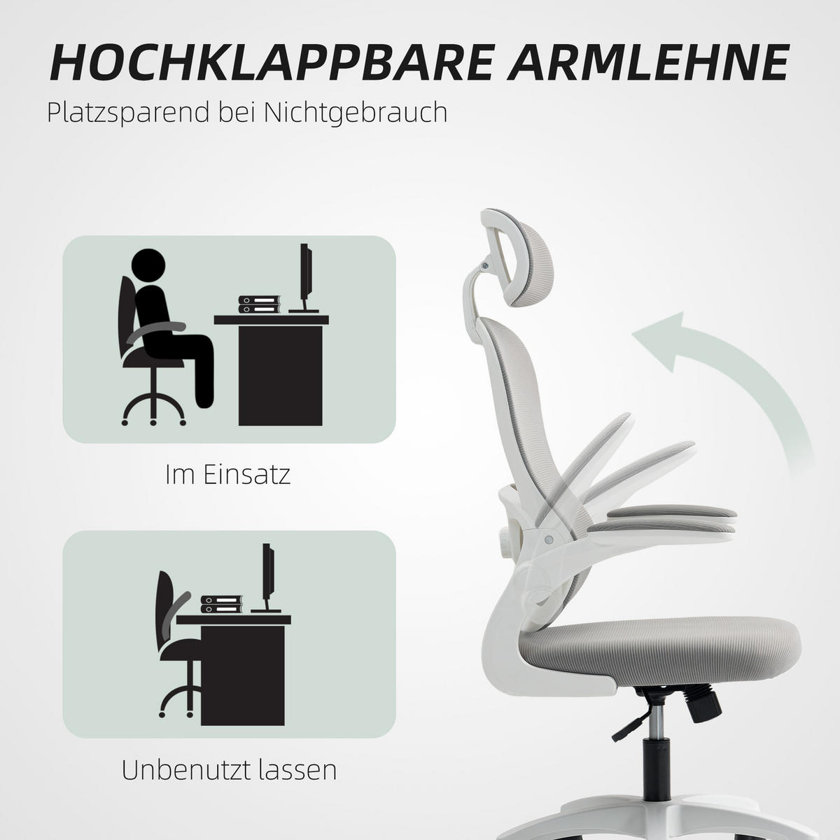 BÜROSTUHL Ergonomischer Schreibtischstuhl mit Hochklappbaren Armlehnen Grau - Weiß/Grau, Kunststoff/Textil (62/115/64cm) - HOMCOM