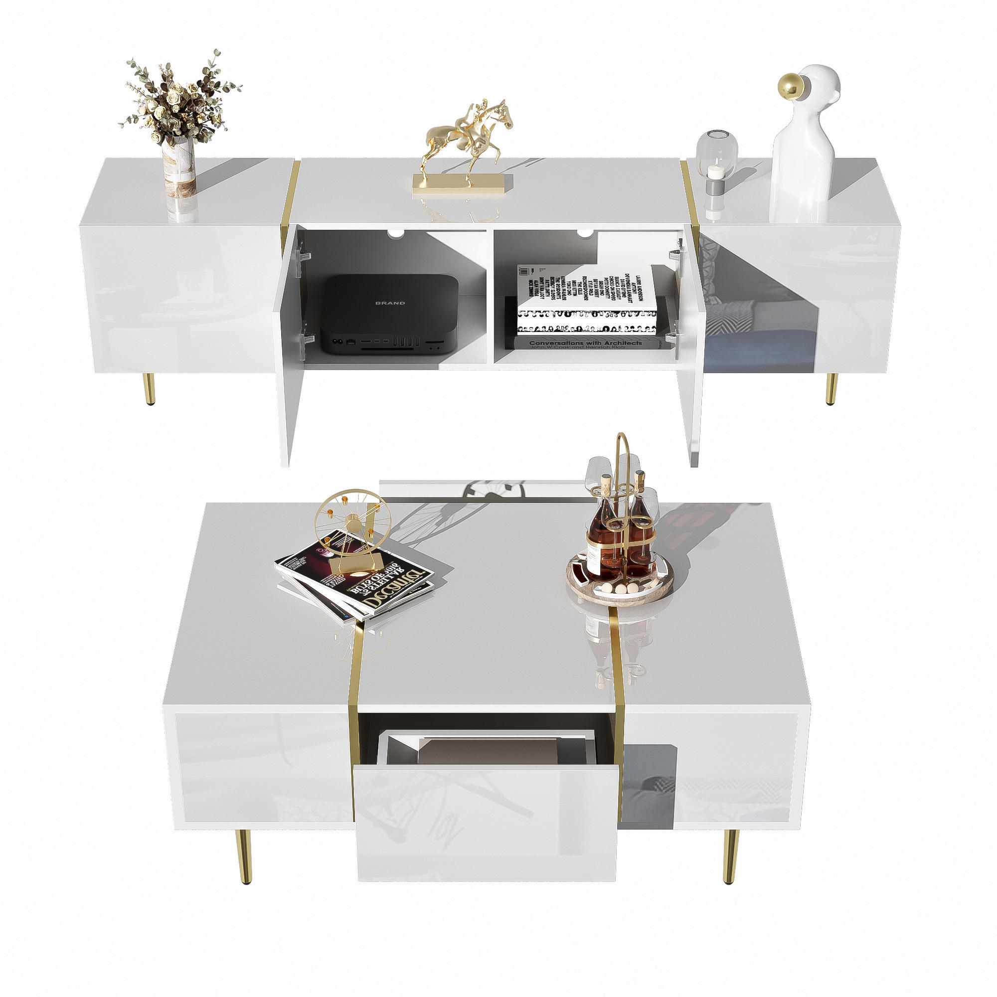 TV-ELEMENT mit Couchtisch - Kombination 2er-Set in Hochglanz Weiß - Weiß, Holzwerkstoff (170/46/35cm) - OKWISH