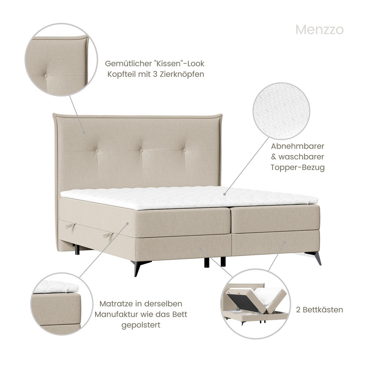 BOXBETT Menzzo Beige 180/200 cm mit Matratze und Topper - Beige/Schwarz, Holz/Holzwerkstoff (180/200cm) - Maison de Reve