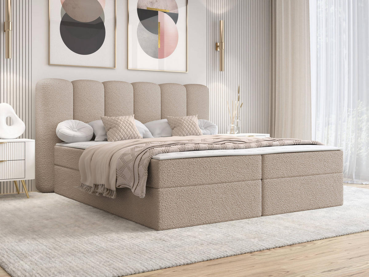 BOXBETT Softi 1 Boucle - H3 - Beige/Schwarz, Holz/Holzwerkstoff (140/200cm) - MIRJAN24
