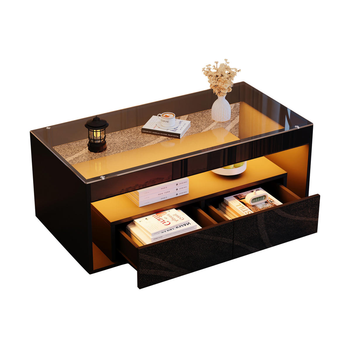 COUCHTISCH 100/50/40 cm in Schwarz mit LED-Beleuchtung und 2 Schubladen - Schwarz, Holzwerkstoff (100/50/40cm) - Flora Grace