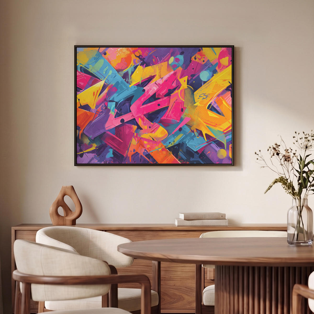 LEINWAND Bilder mit Rahmen - Abstrakt - Formen - Farbenfroh - 80x60 - Magenta, Textil (80/60cm) - MuchoWow
