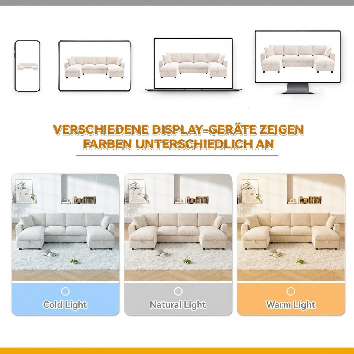 WOHNLANDSCHAFT Chenille Beige mit Stauraum, USB und Type-C-Anschluss - Beige, Holzwerkstoff/Kunststoff (284/84/135cm) - WISHDOR