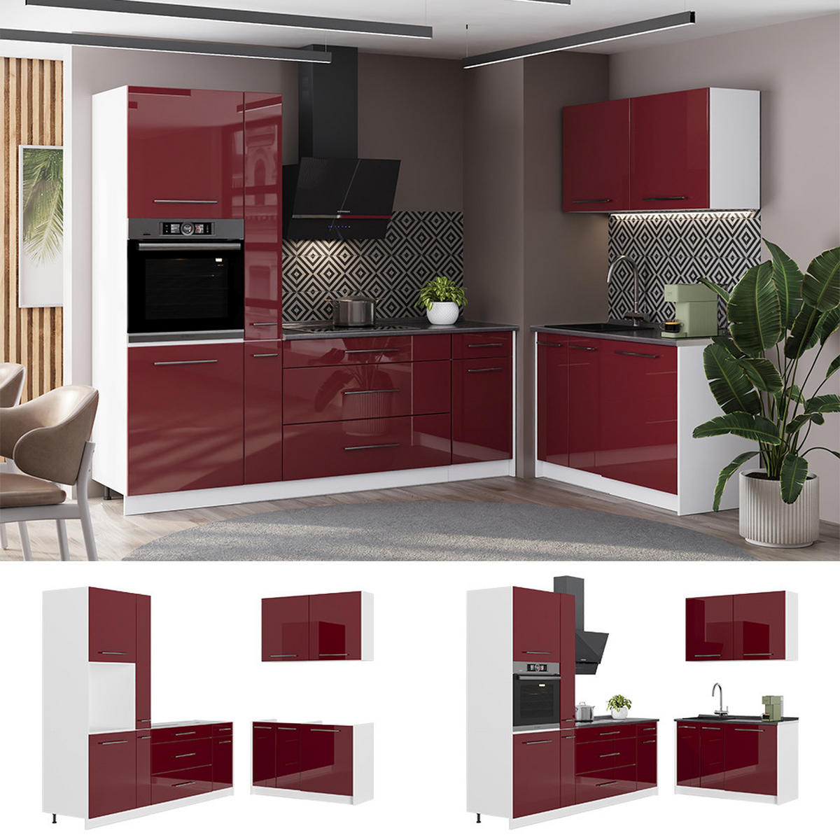KÜCHENZEILE Fame-Line, Bordeaux Hochglanz/Weiß, 220 x 120 cm, AP Anthrazit - Bordeaux/Weiß, Holzwerkstoff (220/206.8/60cm) - Vicco