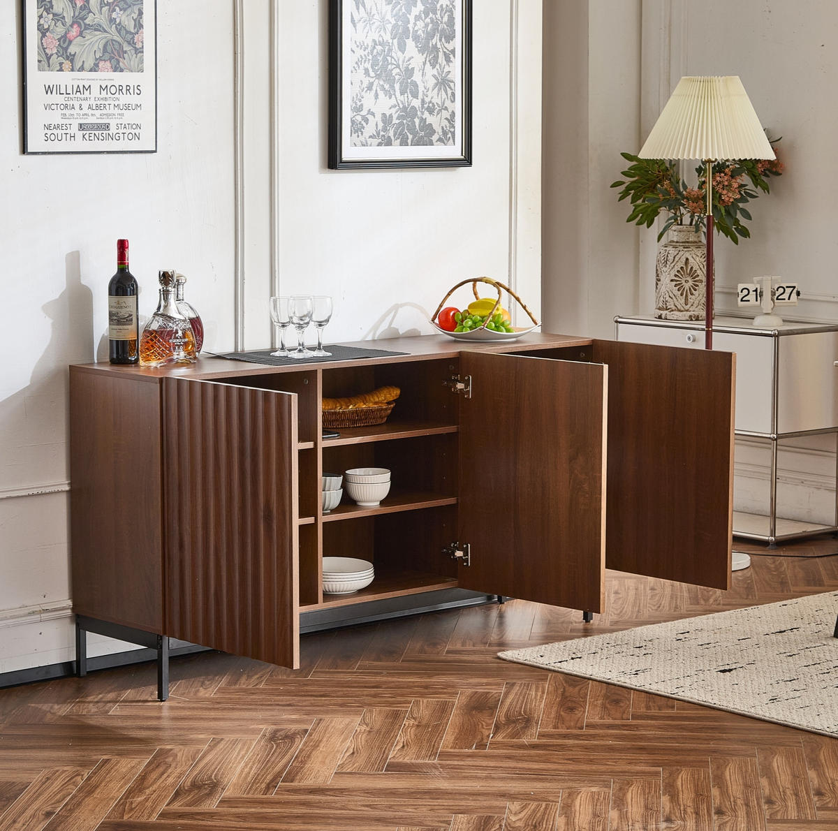 SIDEBOARD 150/40/80 cm mit 3 Türen in Dunkelbraun mit 3D-Wellendesign - Dunkelbraun, Holzwerkstoff (150/80/40cm) - BEAOK