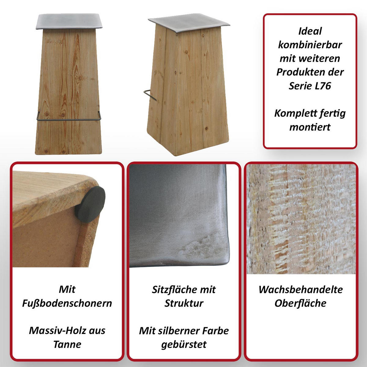 BARHOCKER Braun, Grau - Braun/Grau, Holz (47/75/39cm) - MCW