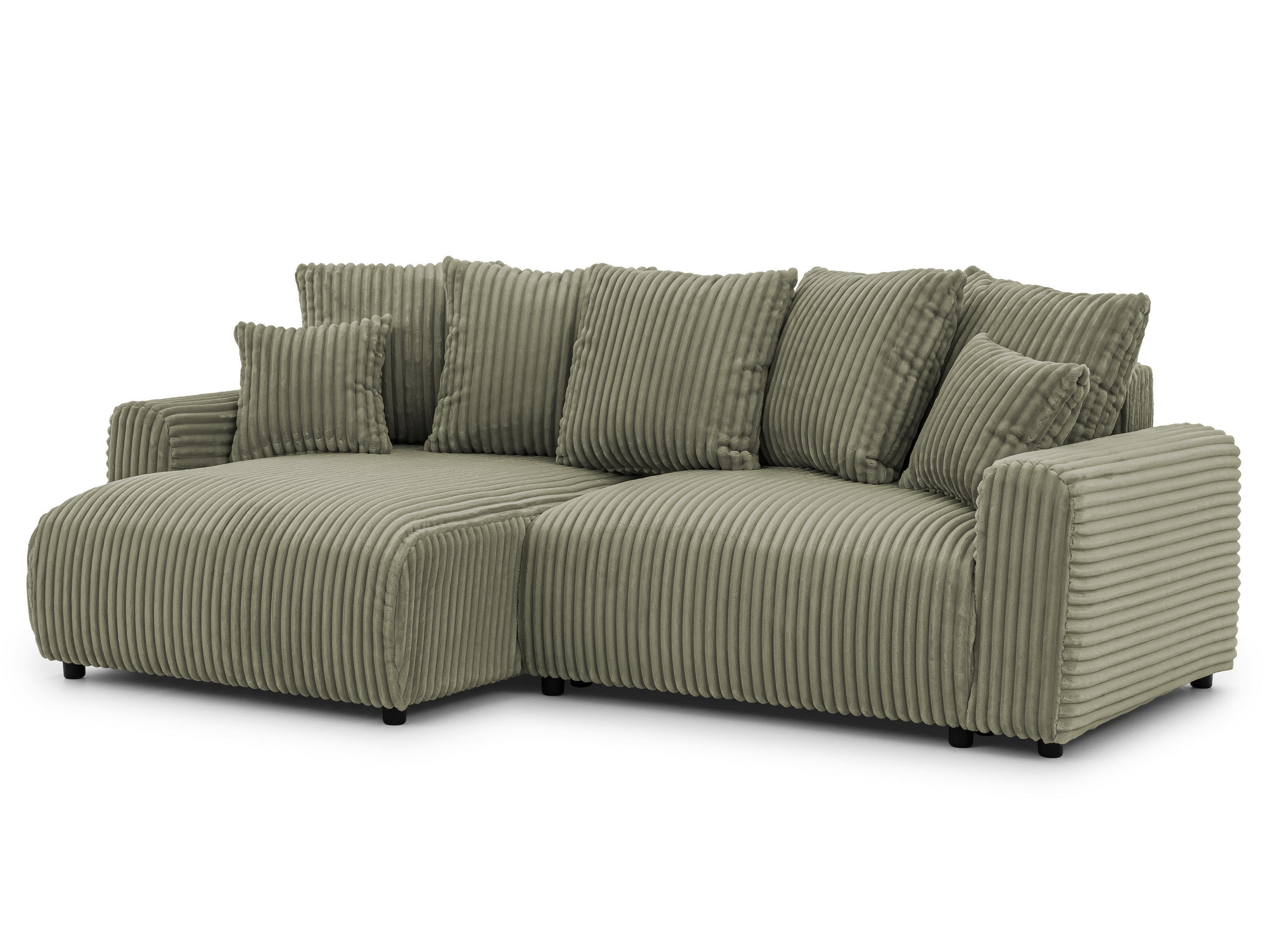 ECKSOFA Calma mit Schlaffunktion und Bettkasten im Bumpy-Design aus weichem Olive Plüschcord - Ottomane links - Schwarz/Grün, Holz/Kunststoff (239/140cm) - S-Style
