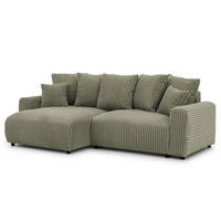 ECKSOFA Calma mit Schlaffunktion und Bettkasten im Bumpy-Design aus weichem Olive Plüschcord - Ottomane links - Schwarz/Grün, Holz/Kunststoff (239/140cm) - S-Style