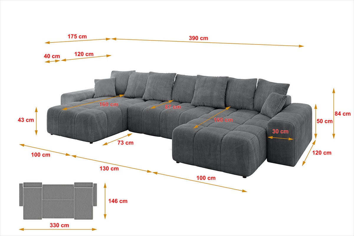 WOHNLANDSCHAFT ENIL-U 390x175x84 Dunkelgrau Cord - Dunkelgrau, Holzwerkstoff/Kunststoff (390/84/175cm) - ALTDECOR