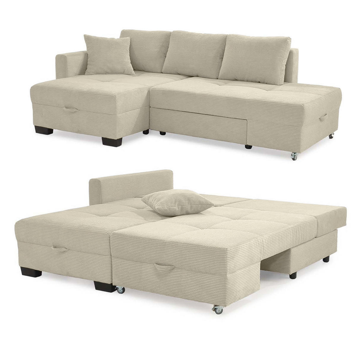 ECKSOFA Doppelbett mit Bettkasten, seitenverkehrt montierbar B247/T155/H87 cm, Liegefläche 183x207 cm, Cord Beige Grau / 15215 - Greige/Beige, Kunststoff/Textil (247/155cm) - luma-home