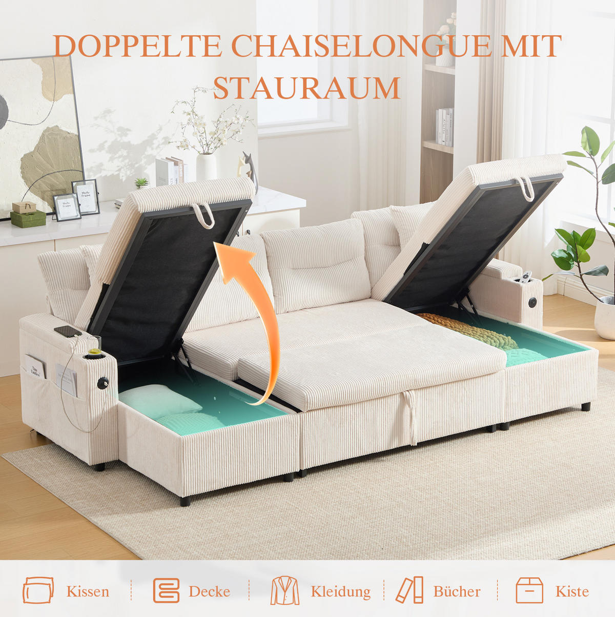 ECKSOFA 4-Sitzer Cord mit Stauraum und USB-Anschluss Schlaffunktion 272/136/86 cm Beige - Beige, Textil (136/86/272cm) - Redom