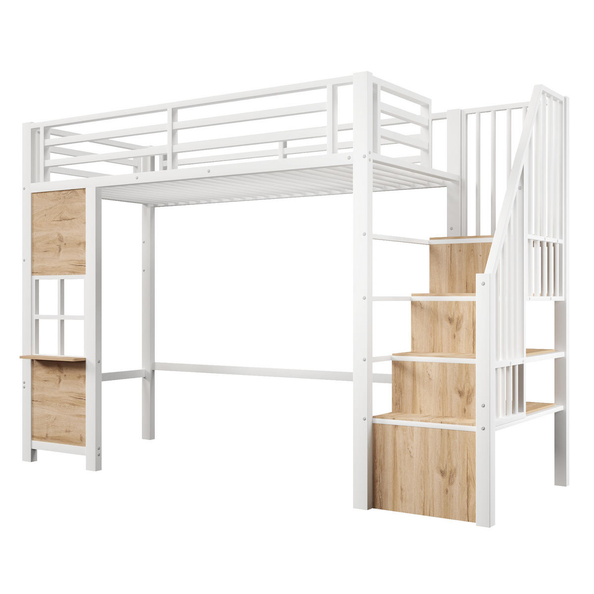 HOCHBETT 90/200 cm Weiß mit Stauraumtreppe und offener Stauraum - Weiß, Metall (90/200cm) - Oxeza