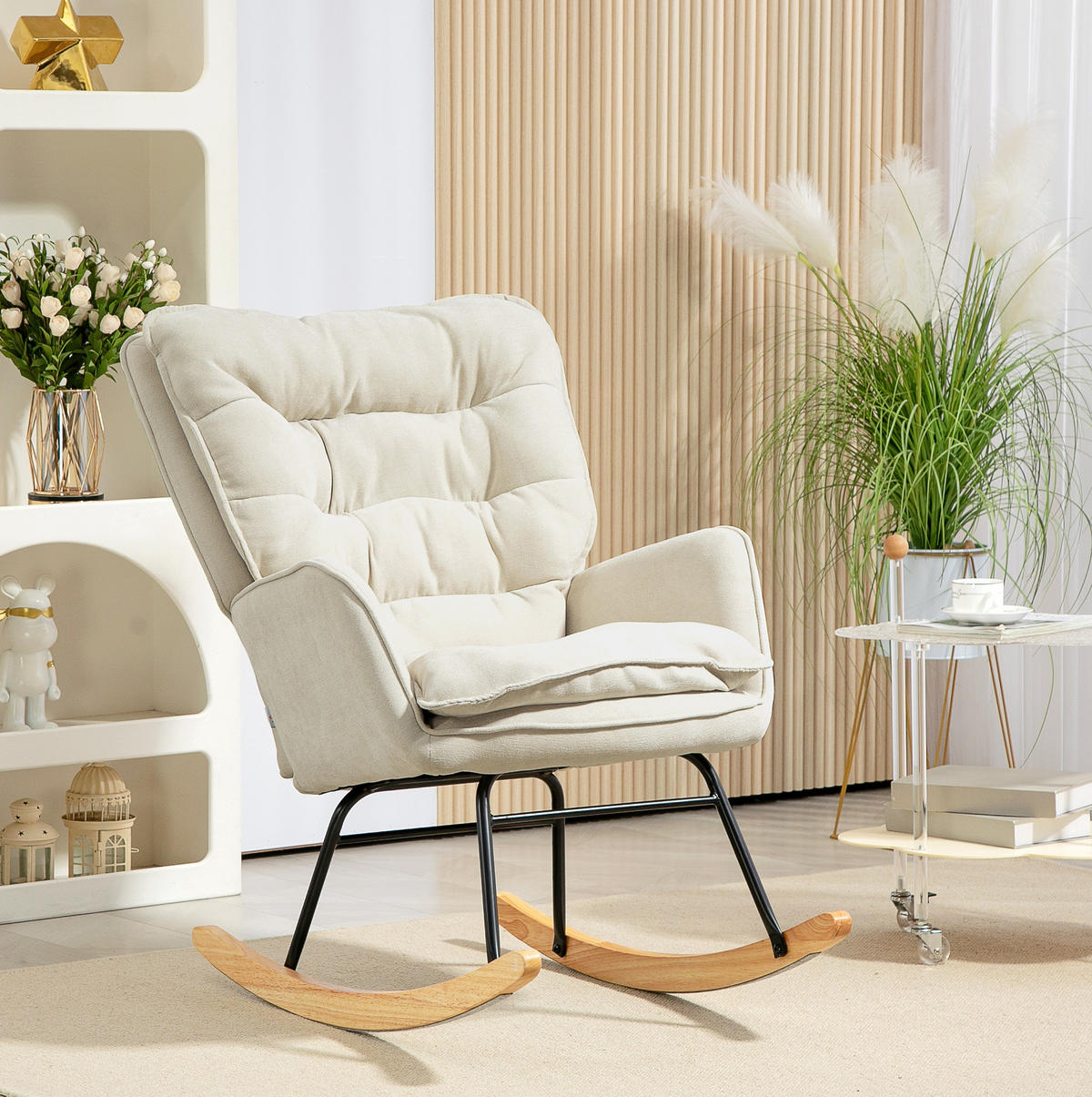 SCHAUKELSTUHL 71/98,5/97 cm mit Chenillebezug und Polsterung, bis 120 kg belastbar - Beige, Textil (98.5/97/71cm) - BEAOK