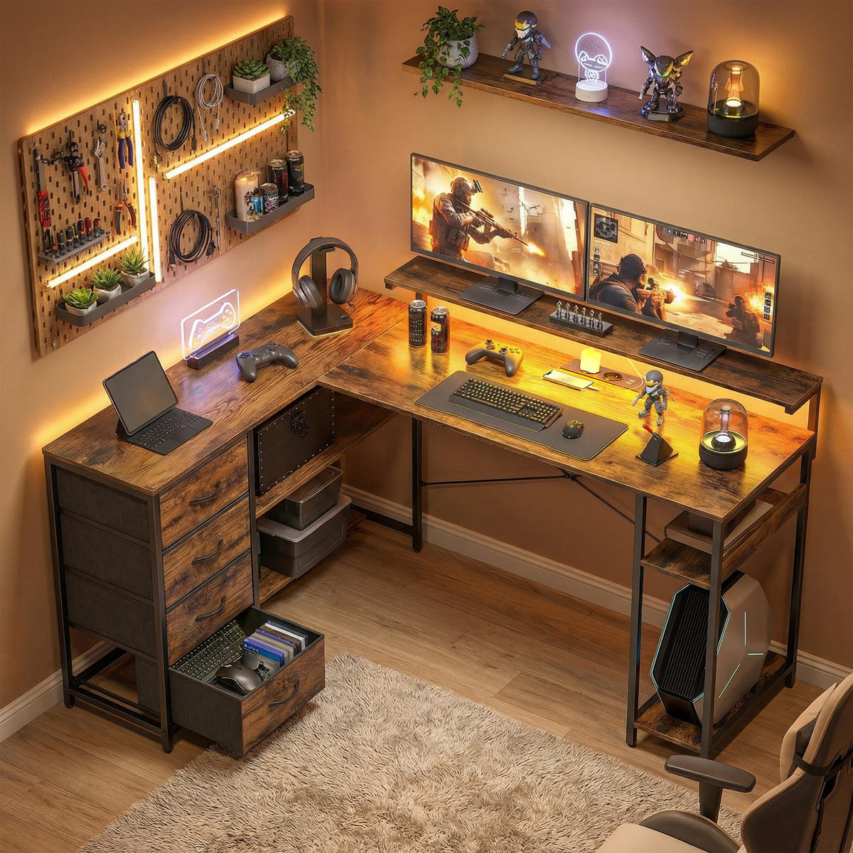 GAMING TISCH aus Spanplatte Stahl Rustikal-Braun - Schwarz/Braun, Holzwerkstoff/Textil (155/110/91.4cm) - HOMCOM